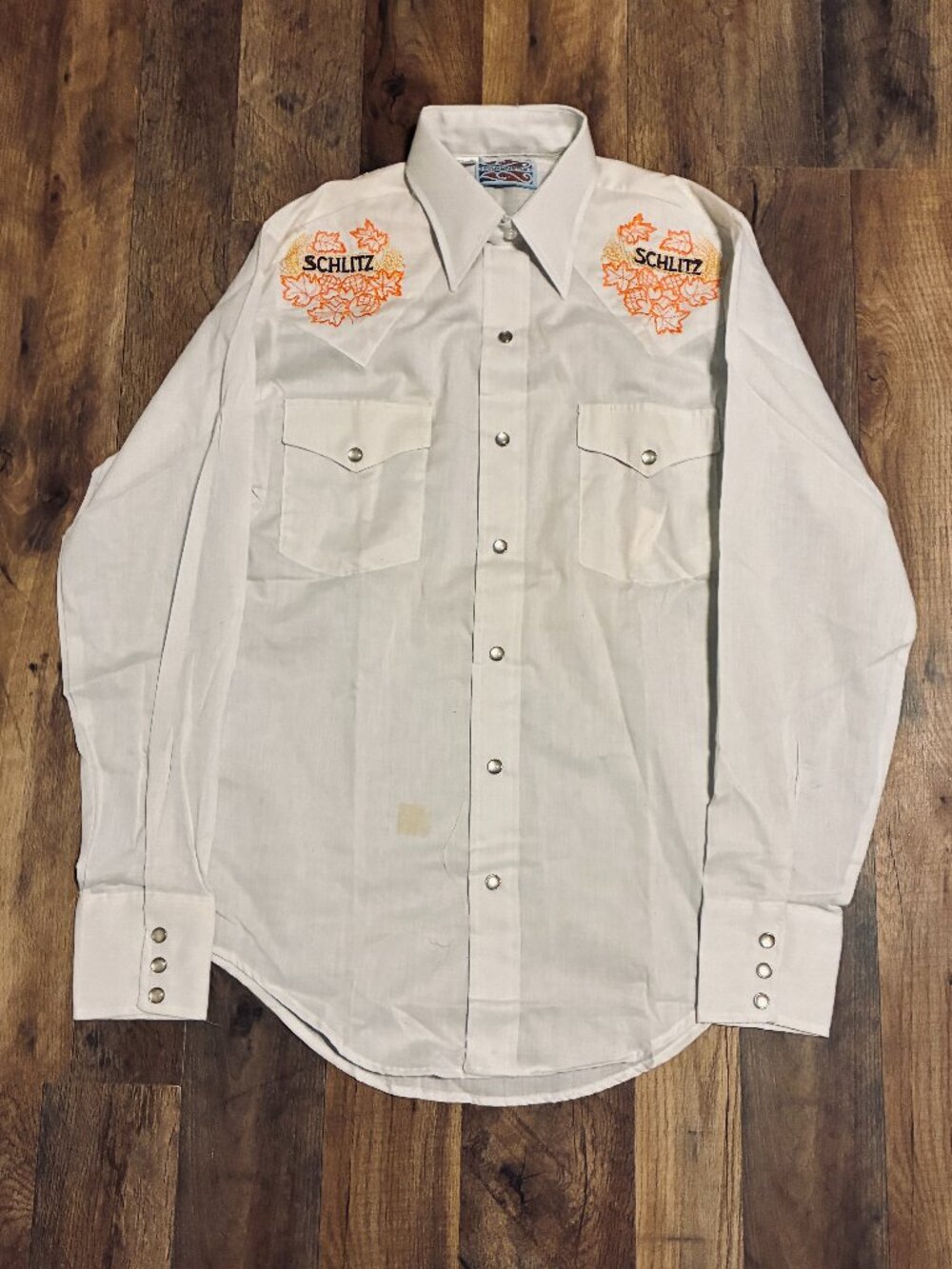 Vintage Schlitz Beer Embroidered Western Snap Button Shirt White Mens
